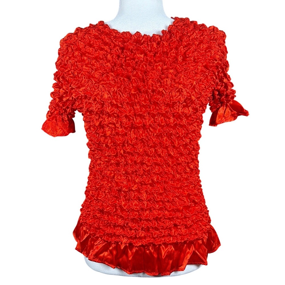 Red Popcorn Top Short Sleeve Ruffle Satin Hem Y2K Bubble Blouse One Size‎